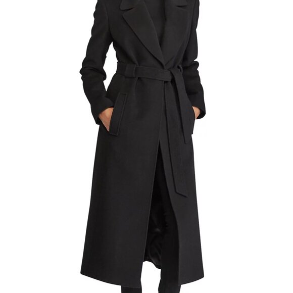 Ralph Lauren Belted Tie Wrap Maxi Wool Blend Black Women's Long Coat Size 4 - Picture 2 of 12